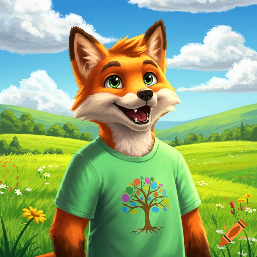 Cartoon fox wearing a green tree t-shirt in a sunny landscape.