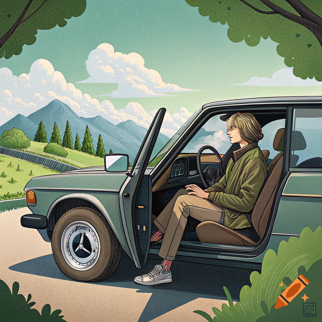 Illustration of a person sitting in an open car door on a road, looking out at a mountain landscape.