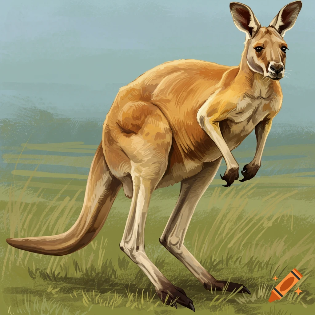 A muscular kangaroo in a grassy landscape.