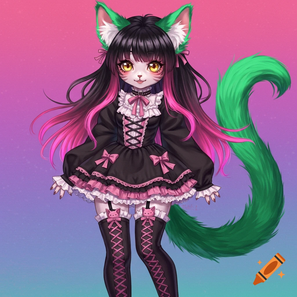 A catgirl in a gothic lolita dress.