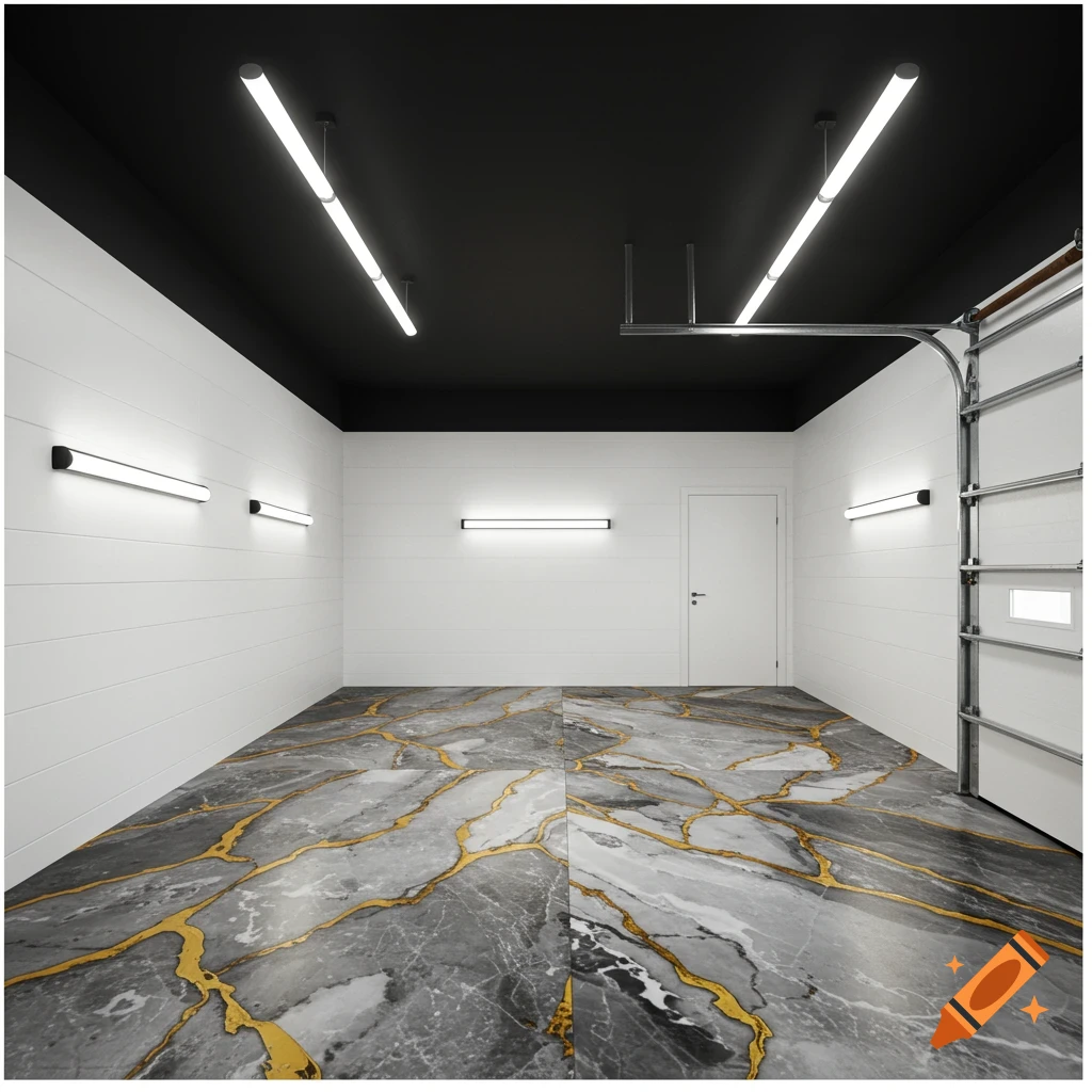 Interior view of an empty garage with white paneled walls, black ceiling, linear lights, and a shiny grey marble floor with gold veins.