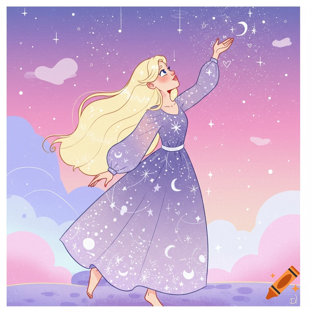 Cartoon girl in a purple dress reaching for stars in a pastel sky.