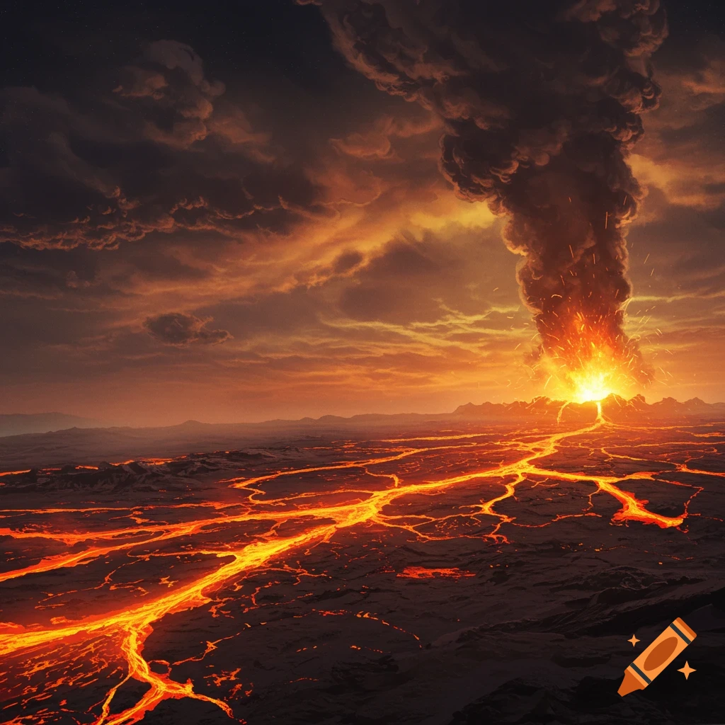 A volcanic eruption sending smoke into a dramatic sky over a landscape of flowing lava.