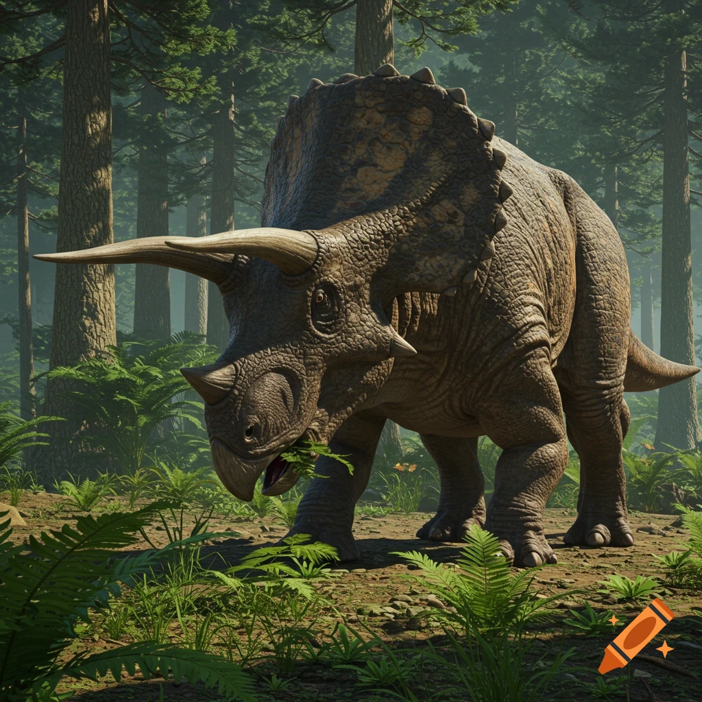 A photorealistic image of a Triceratops dinosaur eating plants in a dense forest.