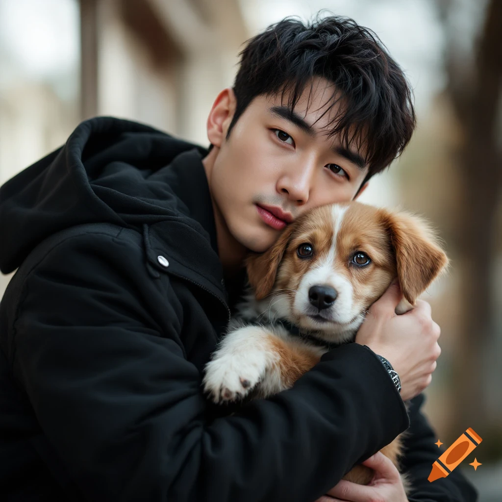 A man gently holds a puppy in a photorealistic portrait.