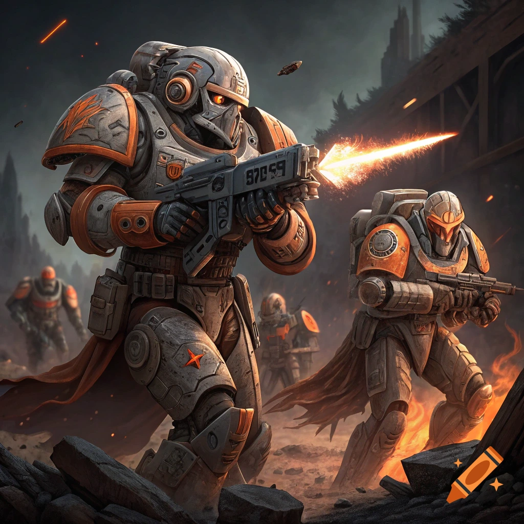 Armored sci-fi soldiers in a battle scene firing weapons, digital art.