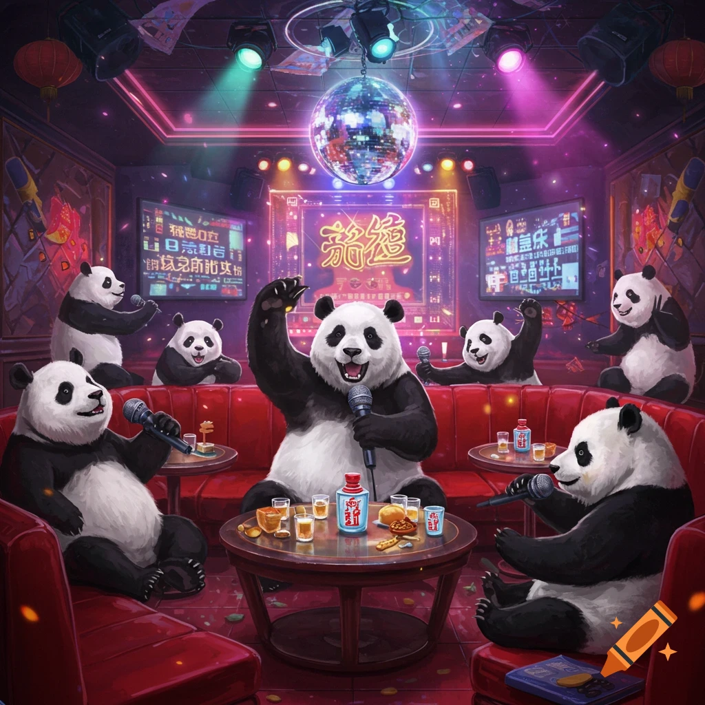 Pandas singing karaoke in a brightly lit KTV room with drinks.