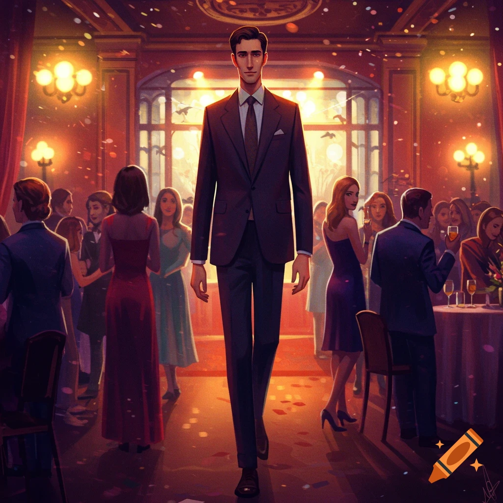 A tall man walks into a crowded formal party.