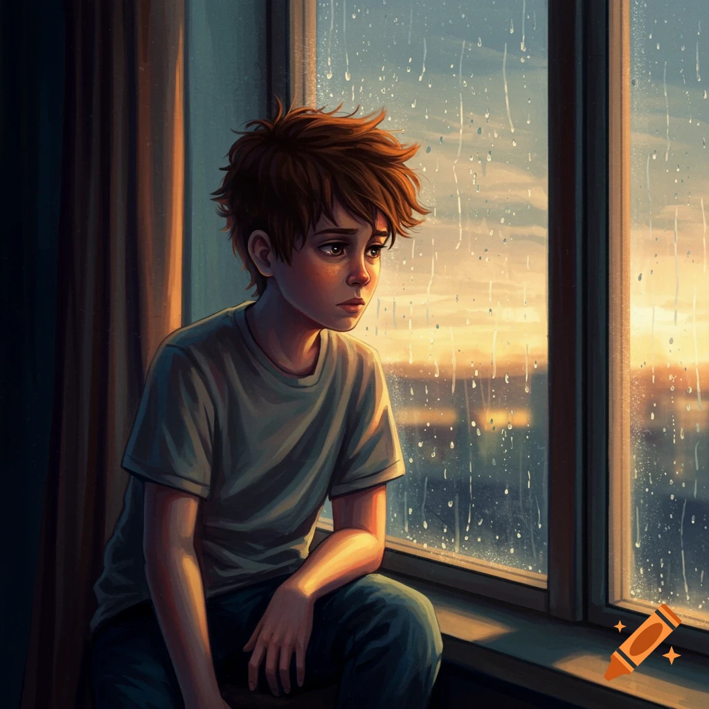 A sad boy looking out a rain-streaked window at sunset.