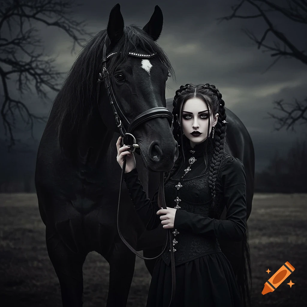A gothic woman in a black dress stands beside a large black horse in a dark, moody landscape.