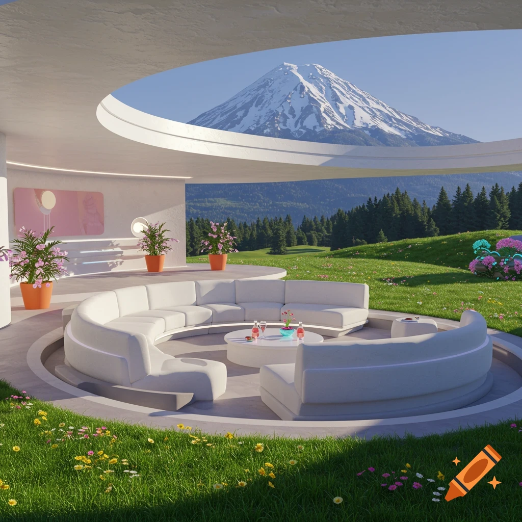 Retrofuturistic conversation pit in a grassy landscape with a snow-capped mountain, digital art.