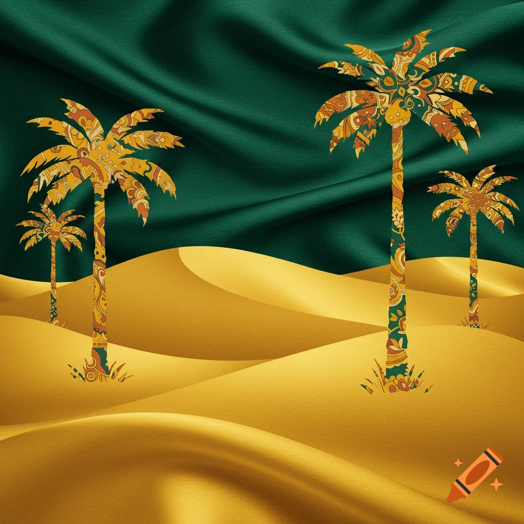 Desert landscape with golden dunes and patterned palm trees in silk fabric style.