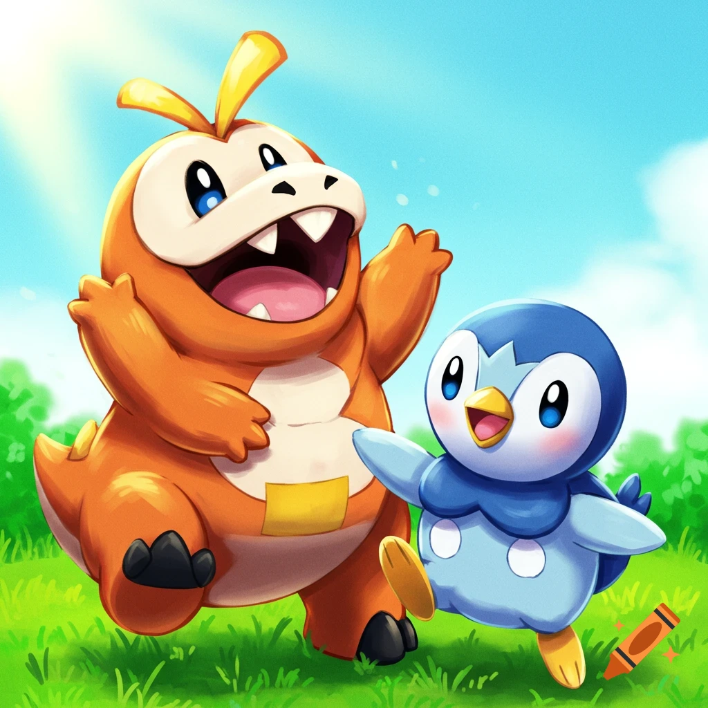 The Pokemon Fuecoco and Piplup are playing in a grassy field.
