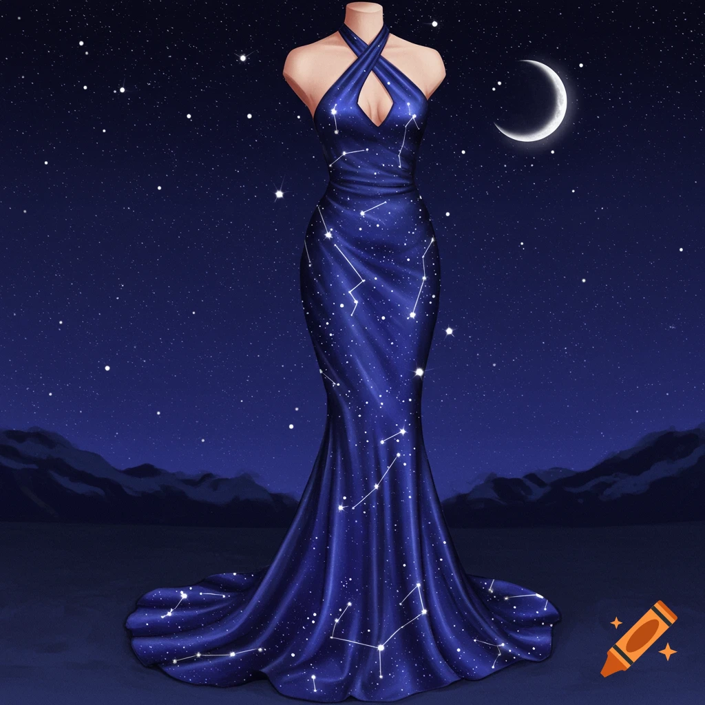 A mannequin wears a dark blue mermaid dress patterned with constellations and stars, set against a starry night sky with a crescent moon over mountains.