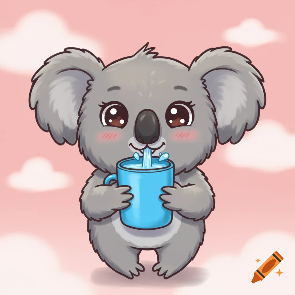 Cute cartoon koala holding a blue mug with water splashing out, pink background with clouds.