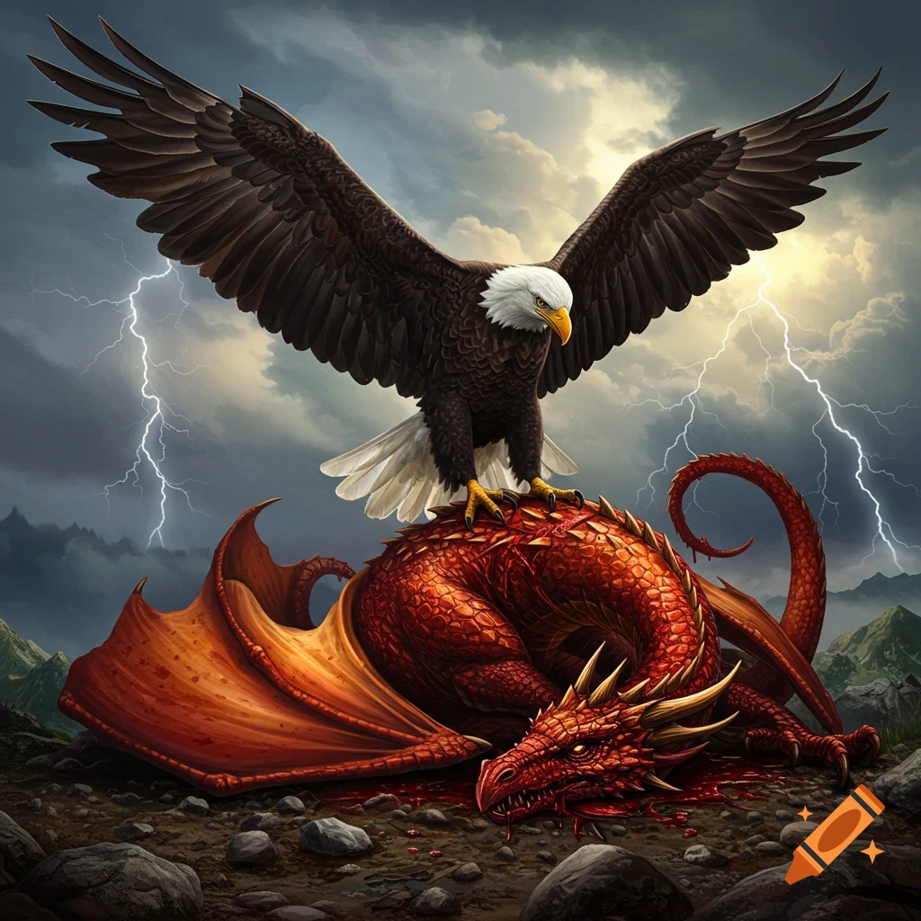 A bald eagle stands victorious on a slain red dragon under a stormy, lightning-filled sky.
