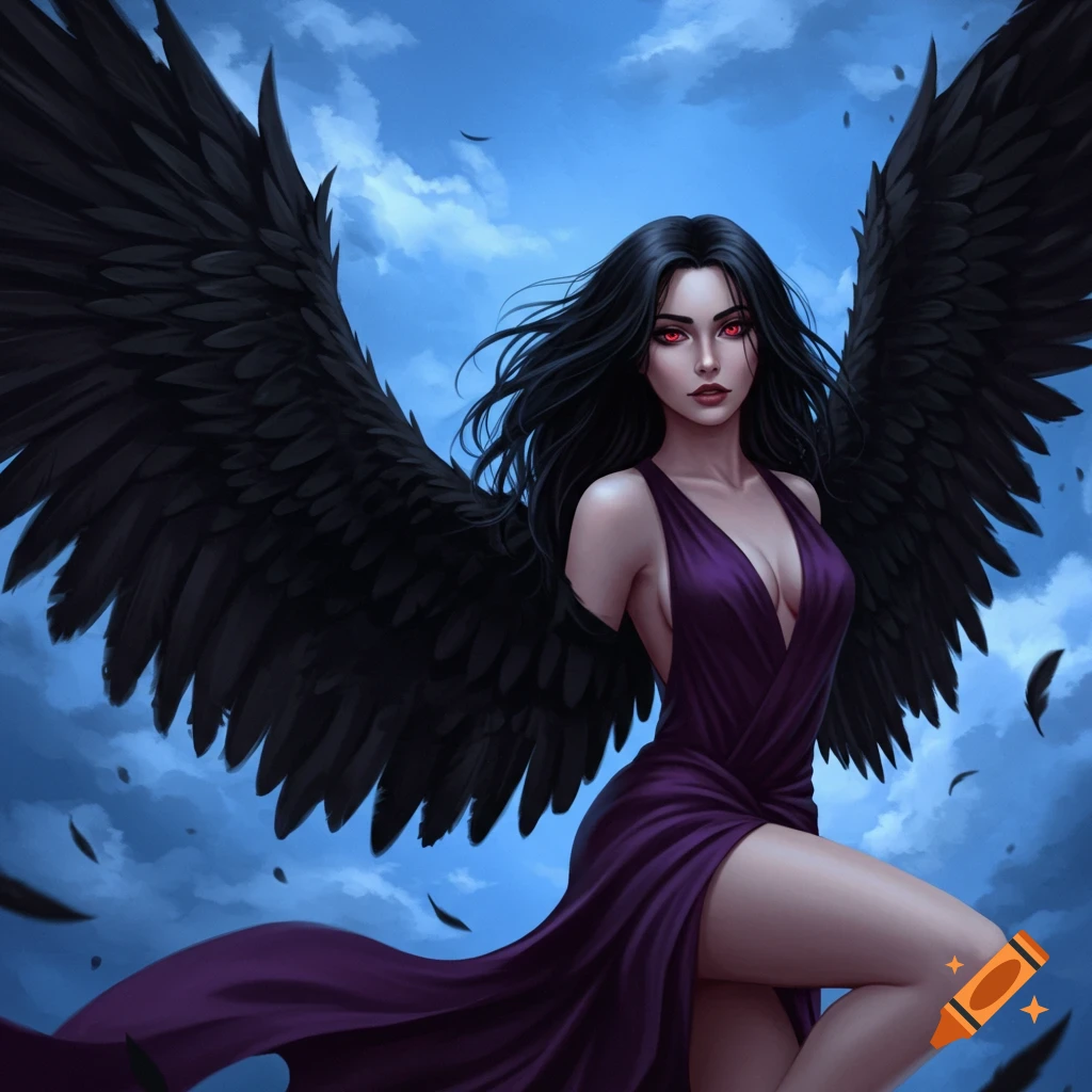 A woman with black wings, red eyes, and a purple dress against a sky background.