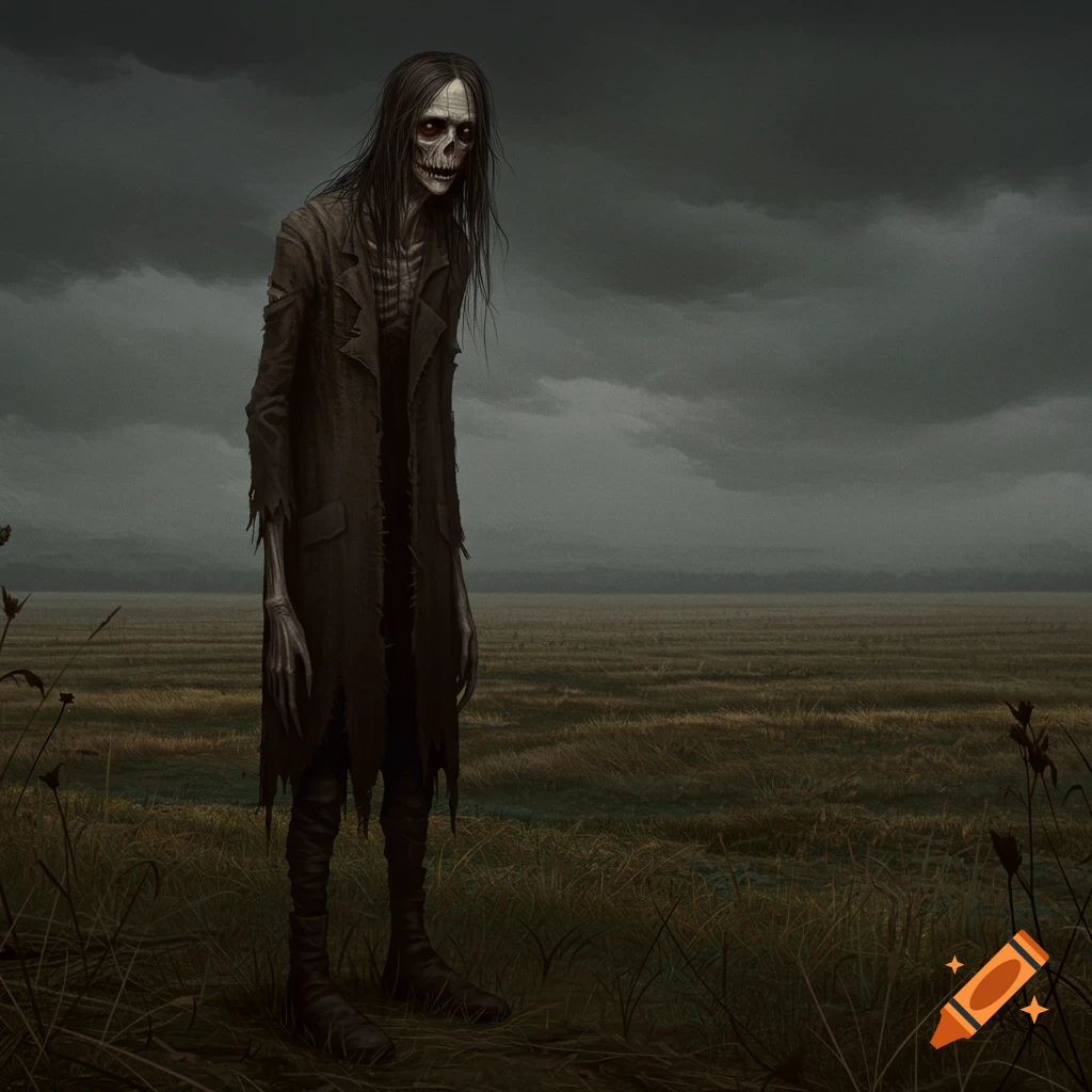 A tall skeletal figure in a tattered coat stands in a field under a dark sky.