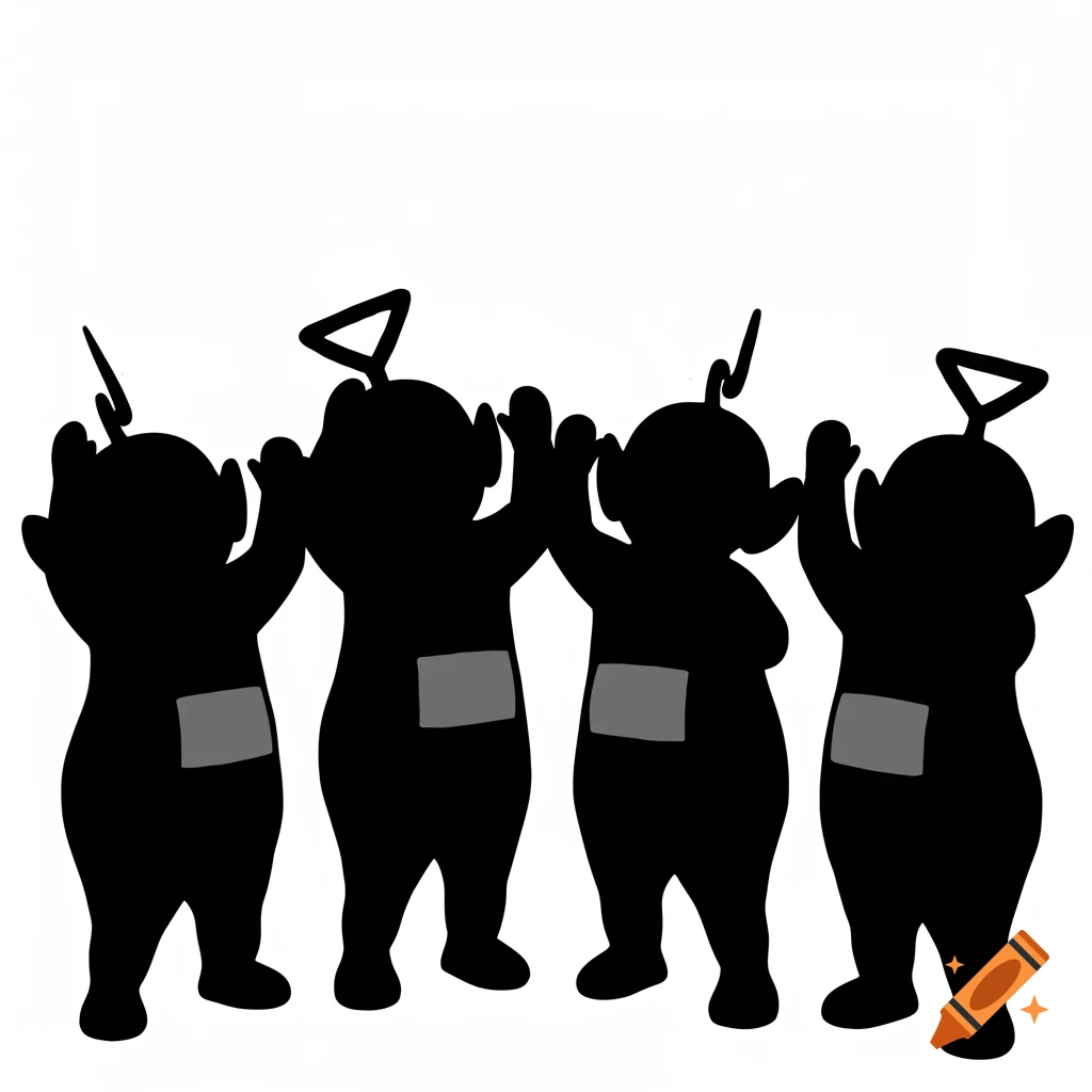 Black silhouettes of four Teletubbies with arms raised against a white background.