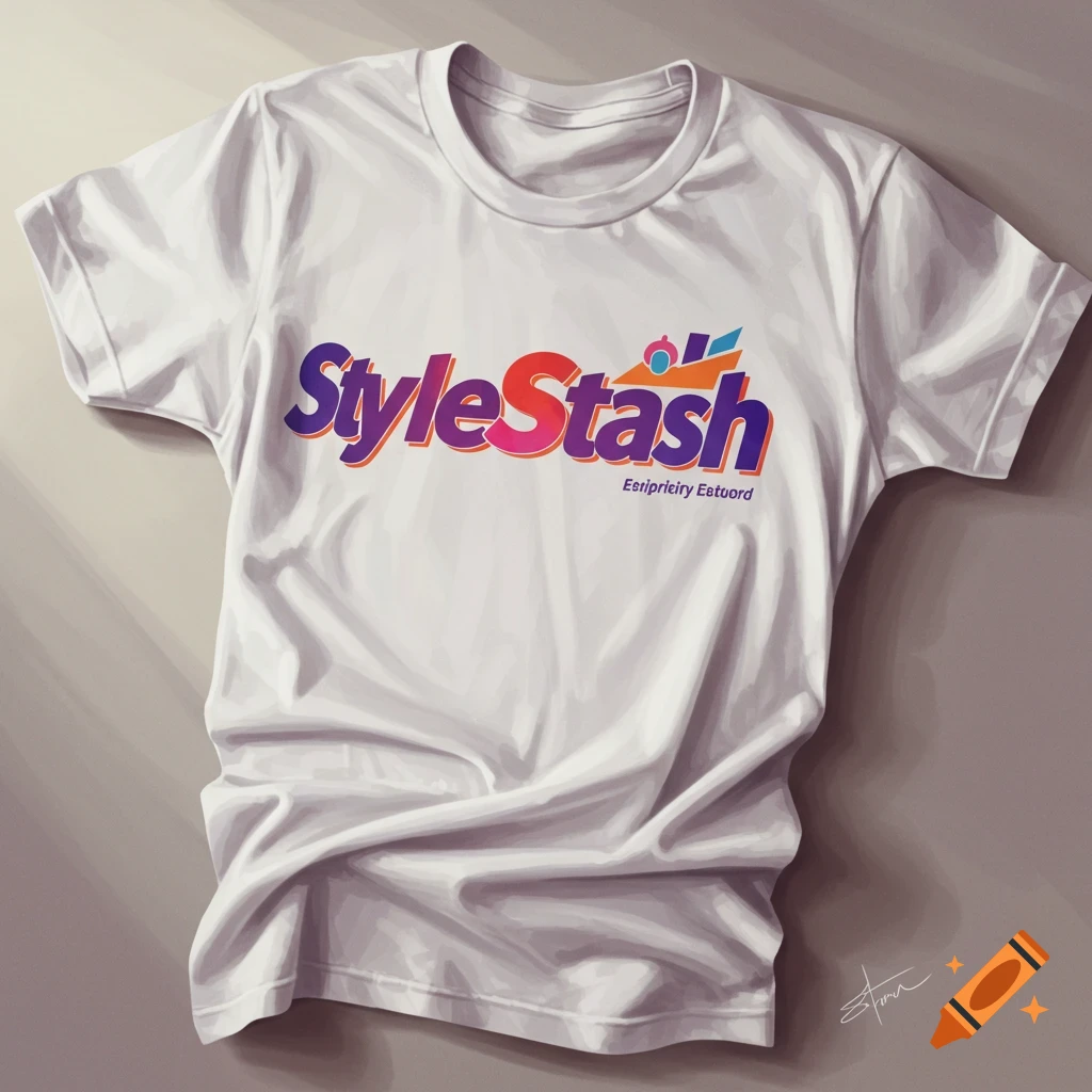 White t-shirt with a colorful StyleStash logo on the front.