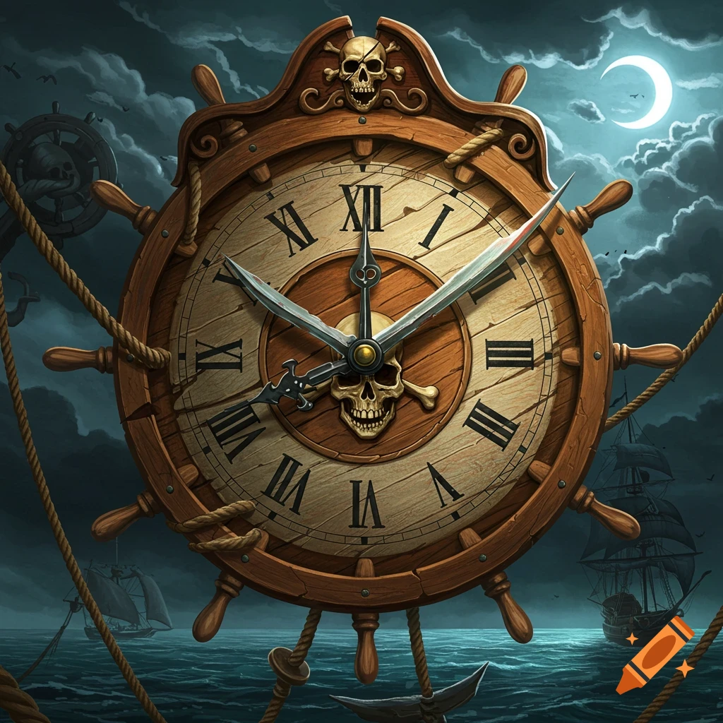 A pirate clock with skulls, ships on a moonlit sea