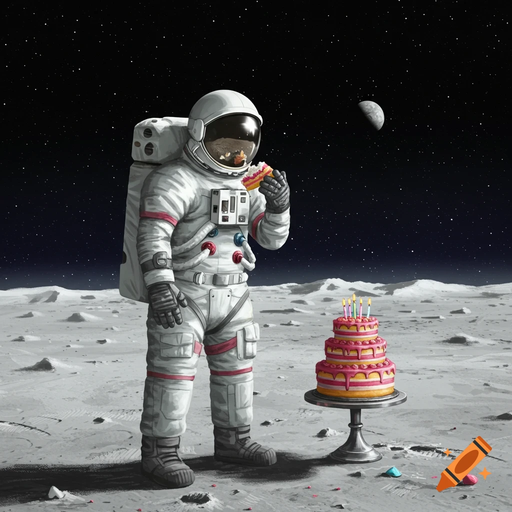 An astronaut is eating cake on the moon next to a tiered birthday cake.