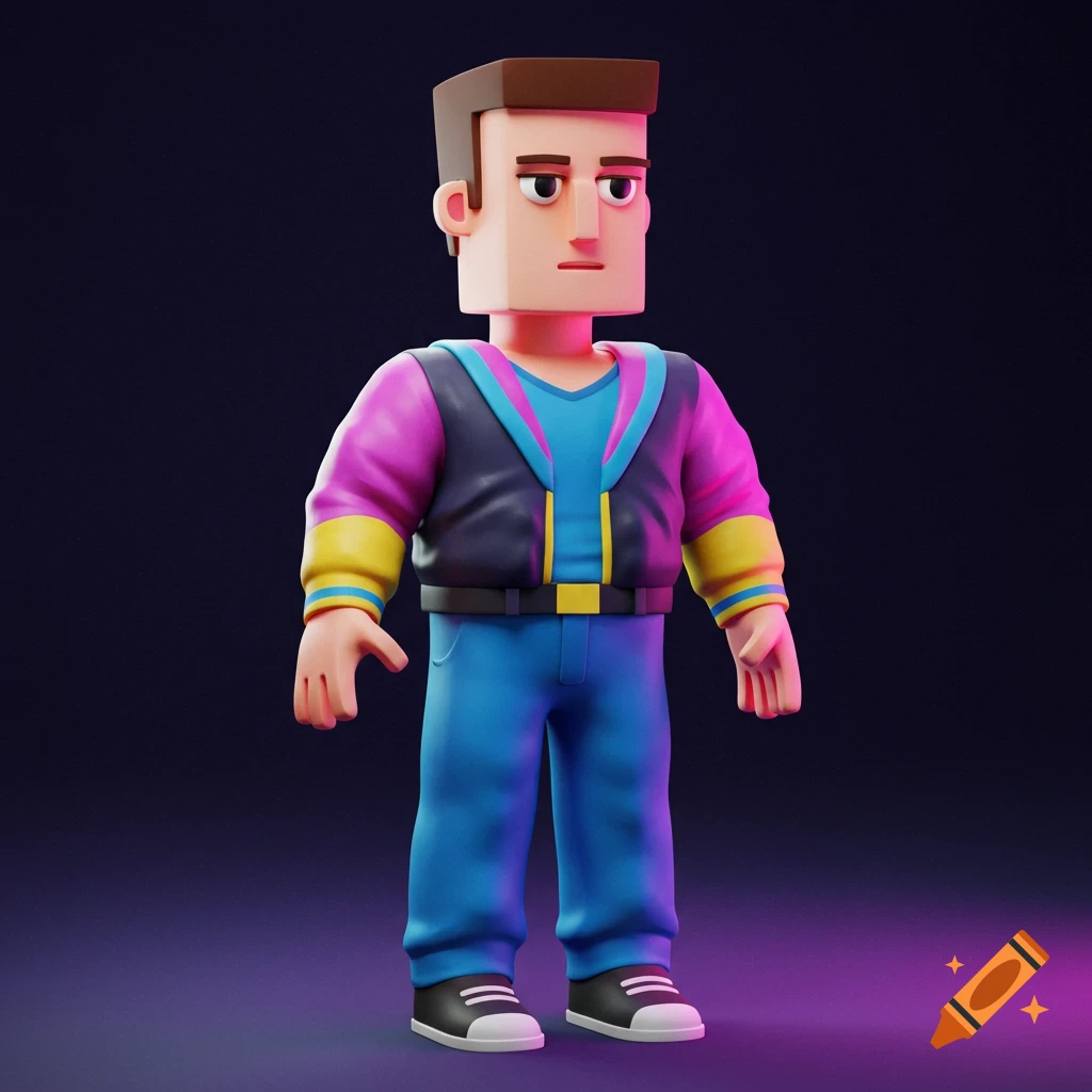 A 3D rendered character in colorful 1980s-style clothing.