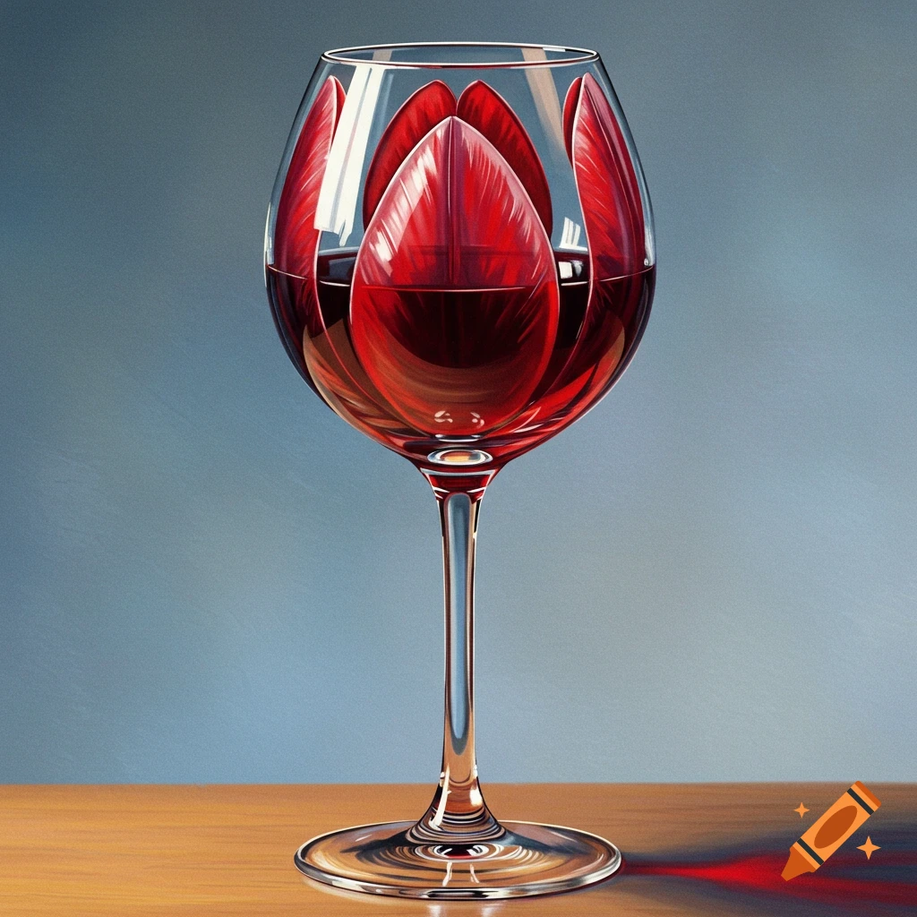 A wine glass filled with red liquid and red tulip petal shapes inside, sits on a wooden surface.