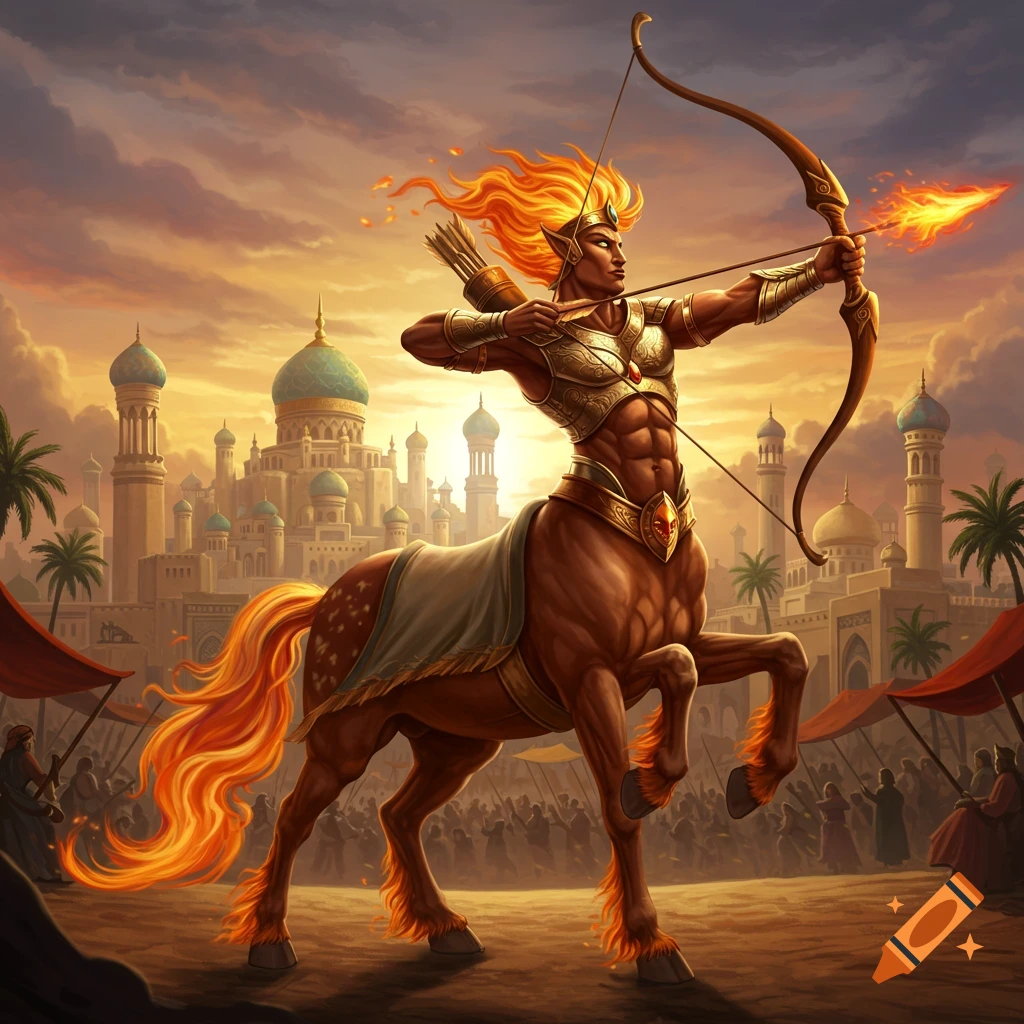 Sagittarius Fire Archer centaur aiming a flaming arrow before a Moorish city.