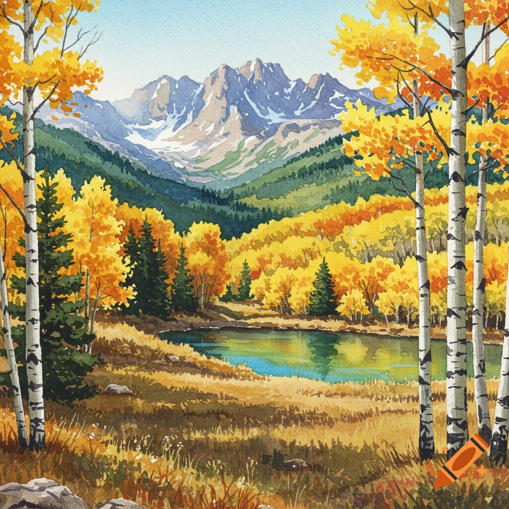 A watercolor painting of mountains and Aspen trees in fall by a lake.