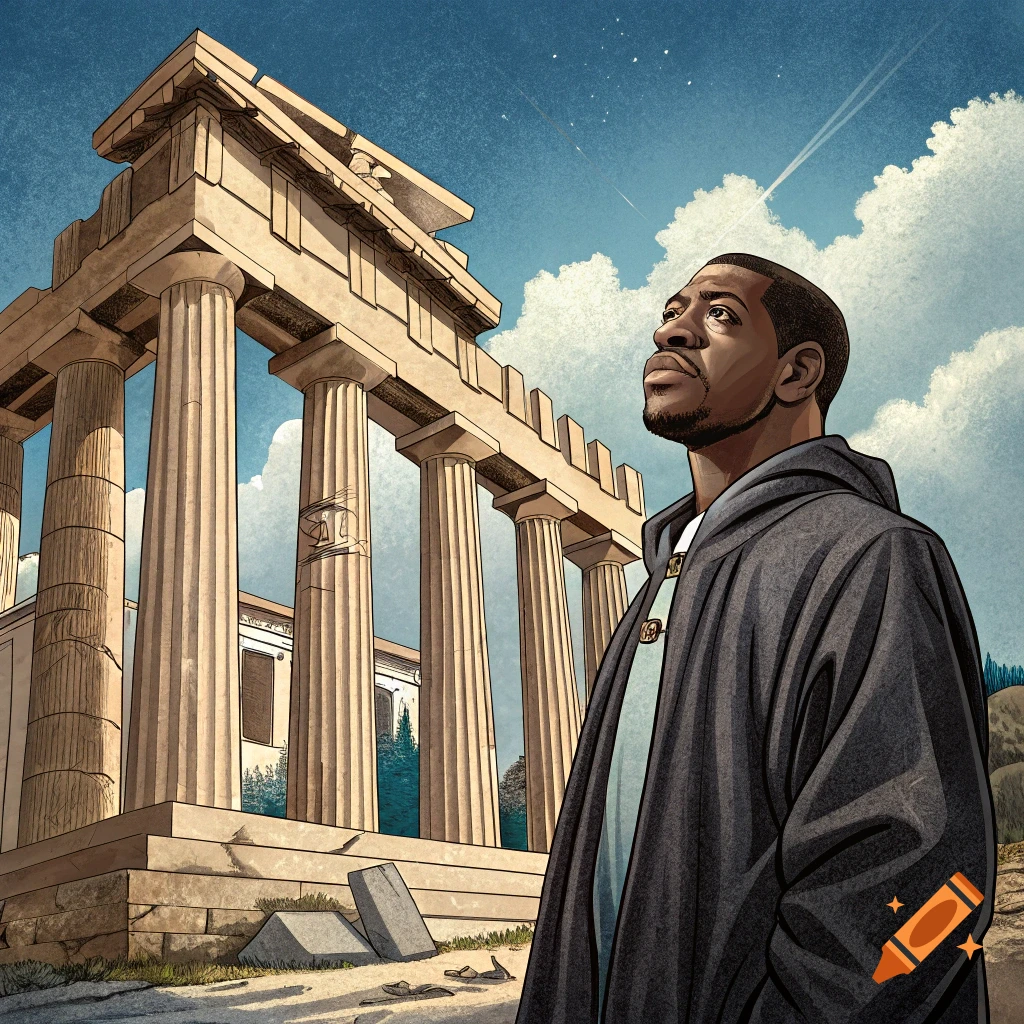 Illustration of a man standing in front of ancient Greek temple ruins, looking up at the sky.