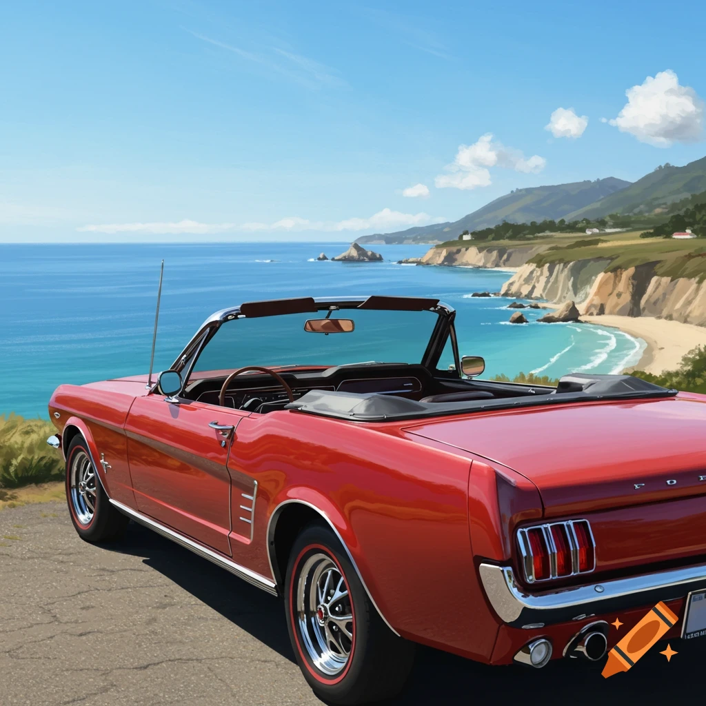 A red convertible classic car is parked on a road overlooking a blue ocean and cliffs under a sunny sky.