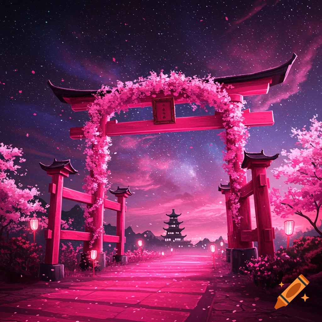 A pink Japanese torii gate covered in cherry blossoms, leading down a path to a pagoda under a starry night sky.