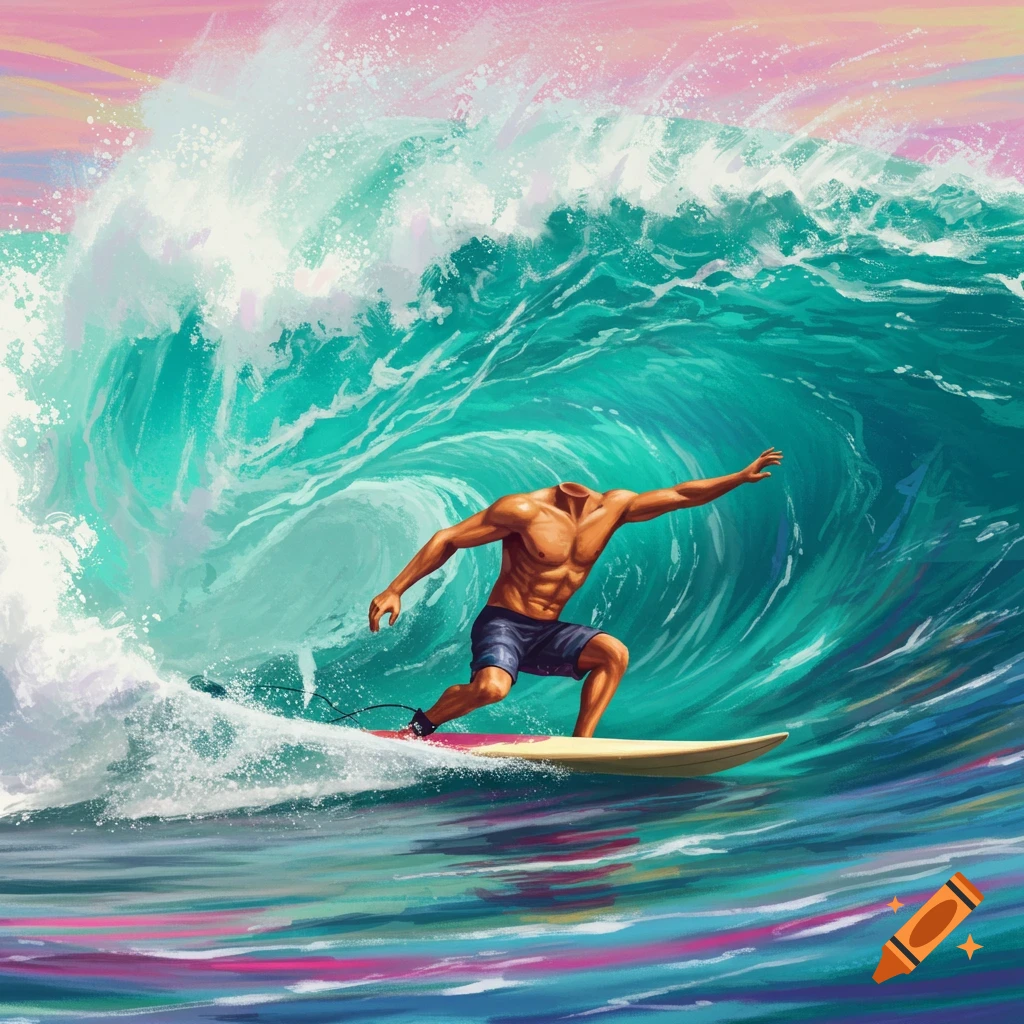 A headless surfer rides a large, turquoise wave.
