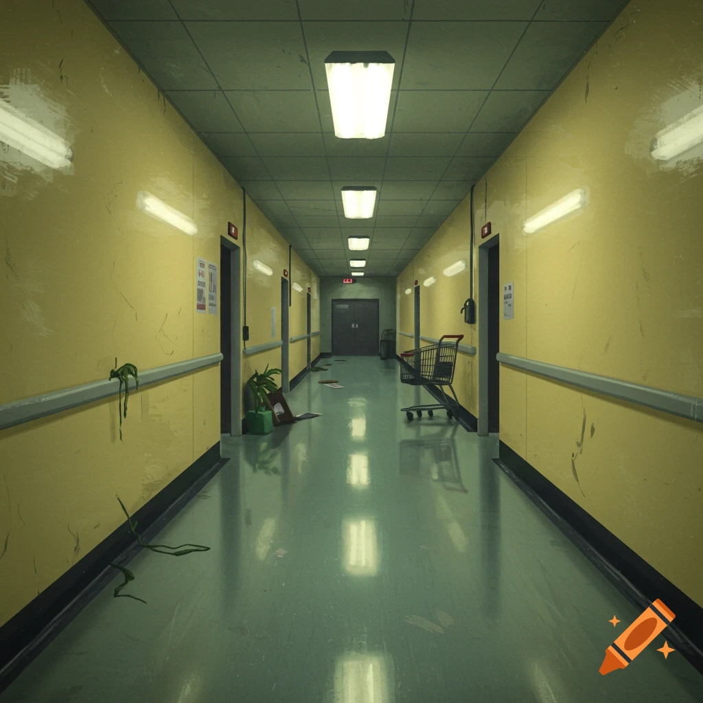 A long, empty, dimly lit yellow hallway with a shopping cart and scattered items.