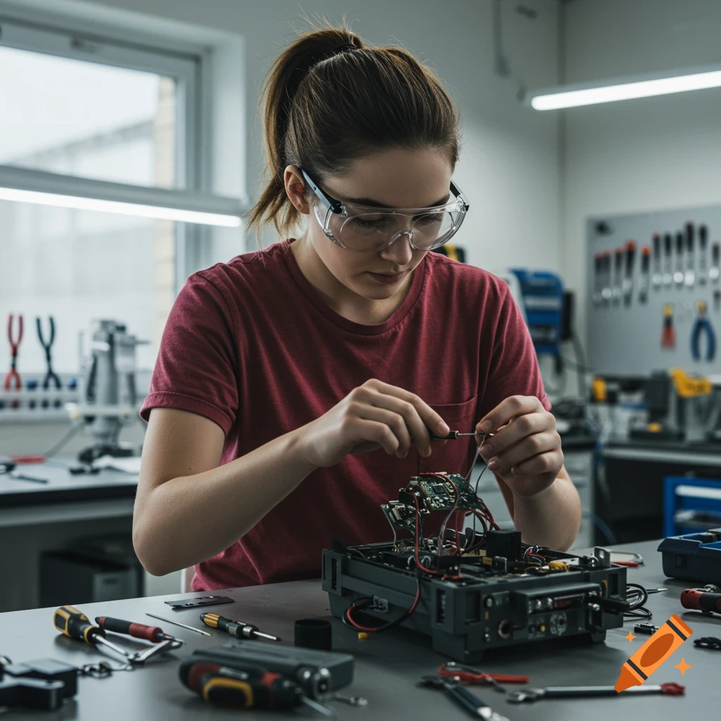 A young person wearing safety goggles uses tools to work on an electronic device in a workshop.
