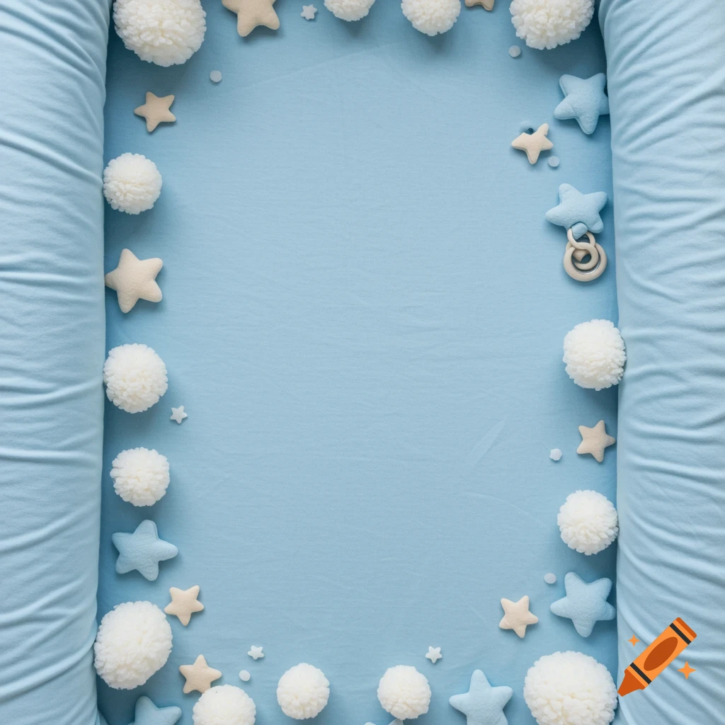 Top-down view of a baby bassinet border with a light blue sheet, decorated with white pom-poms and star toys.