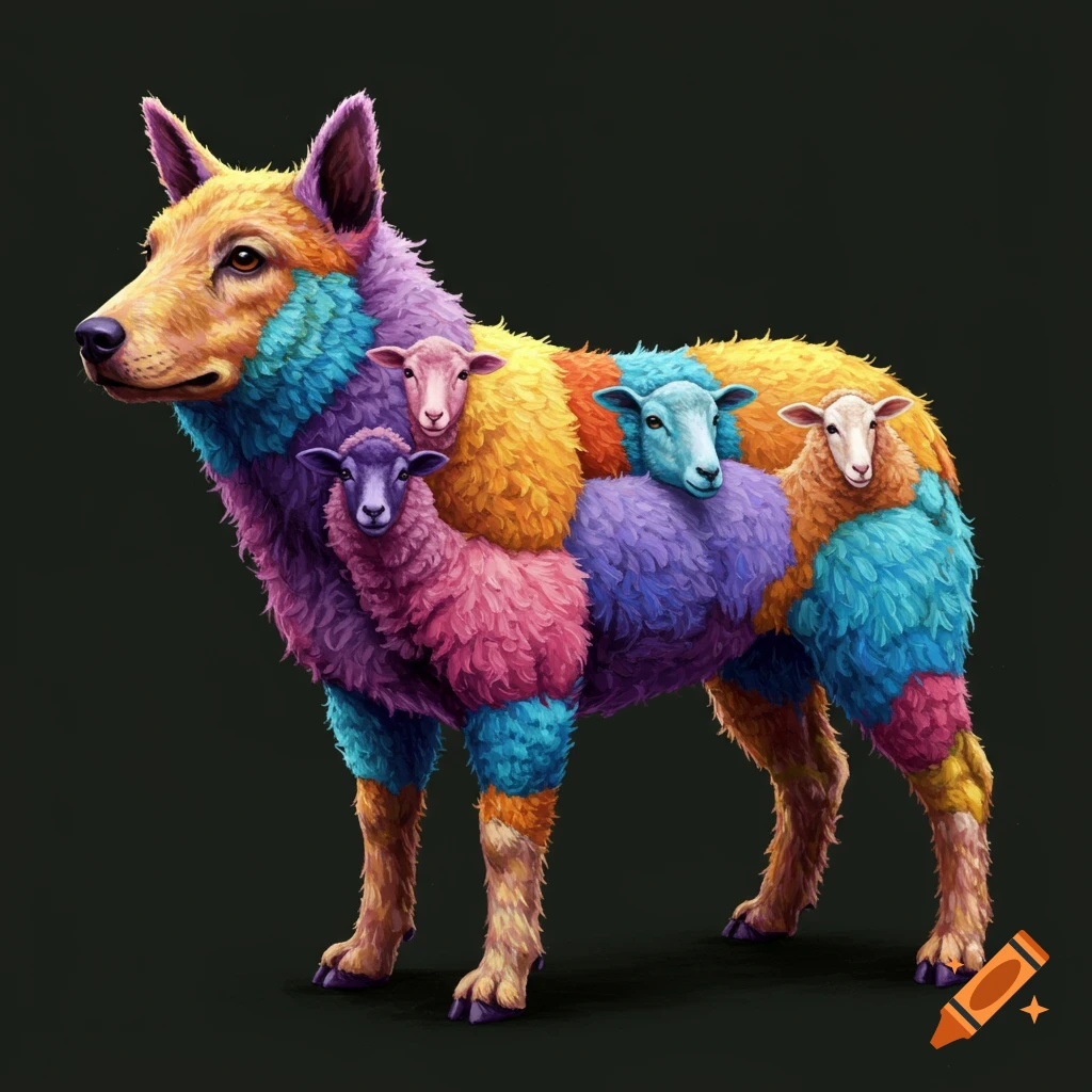 A dog with colorful sheep integrated into its fur