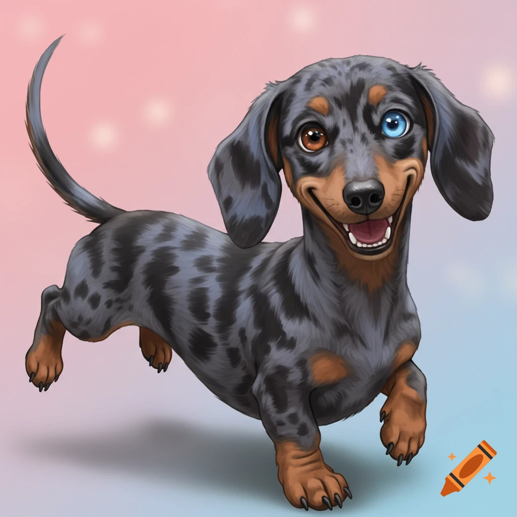An illustration of a blue merle dachshund with heterochromia smiling brightly.