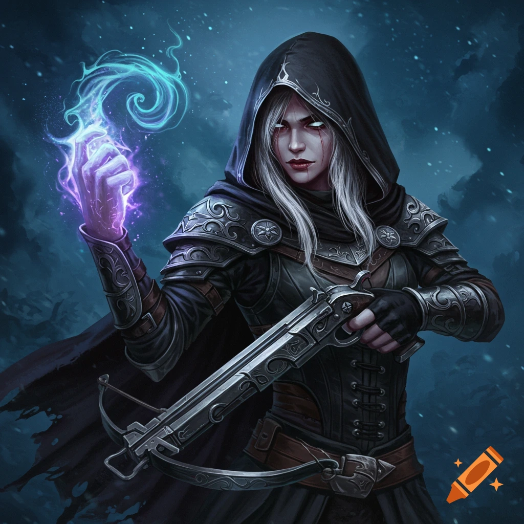 A fantasy woman in armor with a crossbow casting a spell.