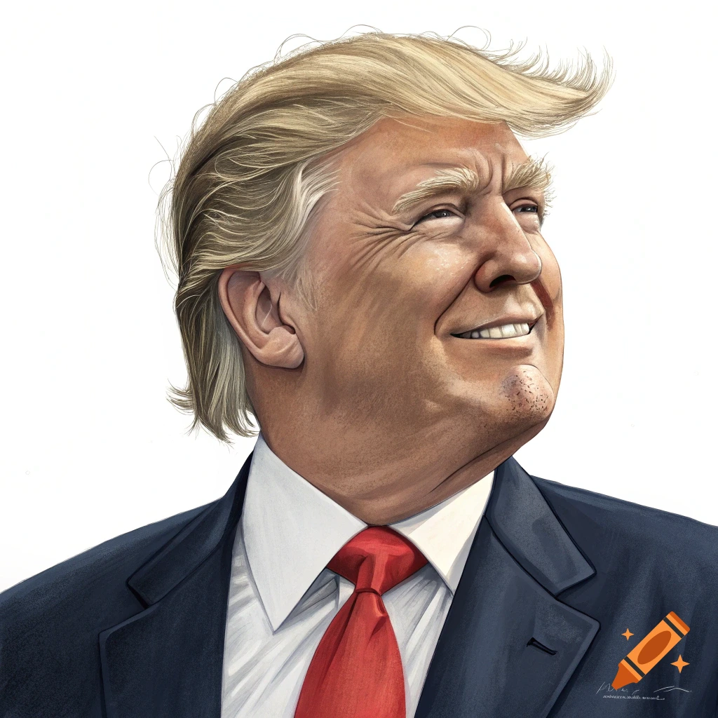 Illustrated portrait of Donald Trump smiling and looking right in a suit and red tie.