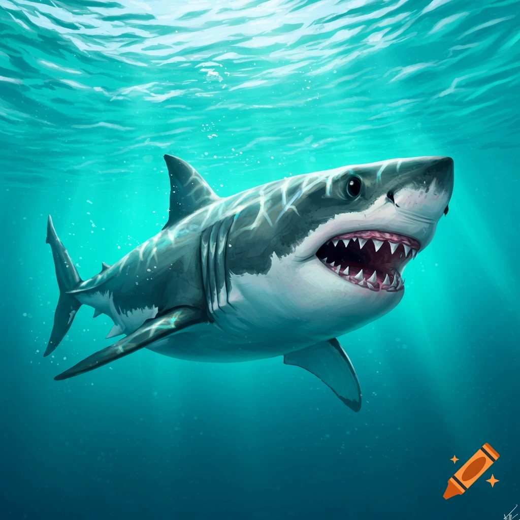 A great white shark swims underwater with its mouth open.