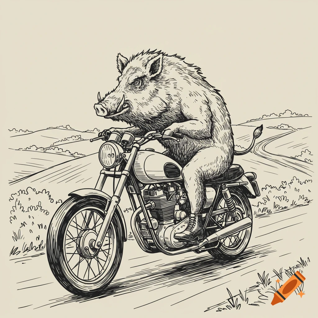 A line drawing of a wild boar riding a motorcycle down a road.