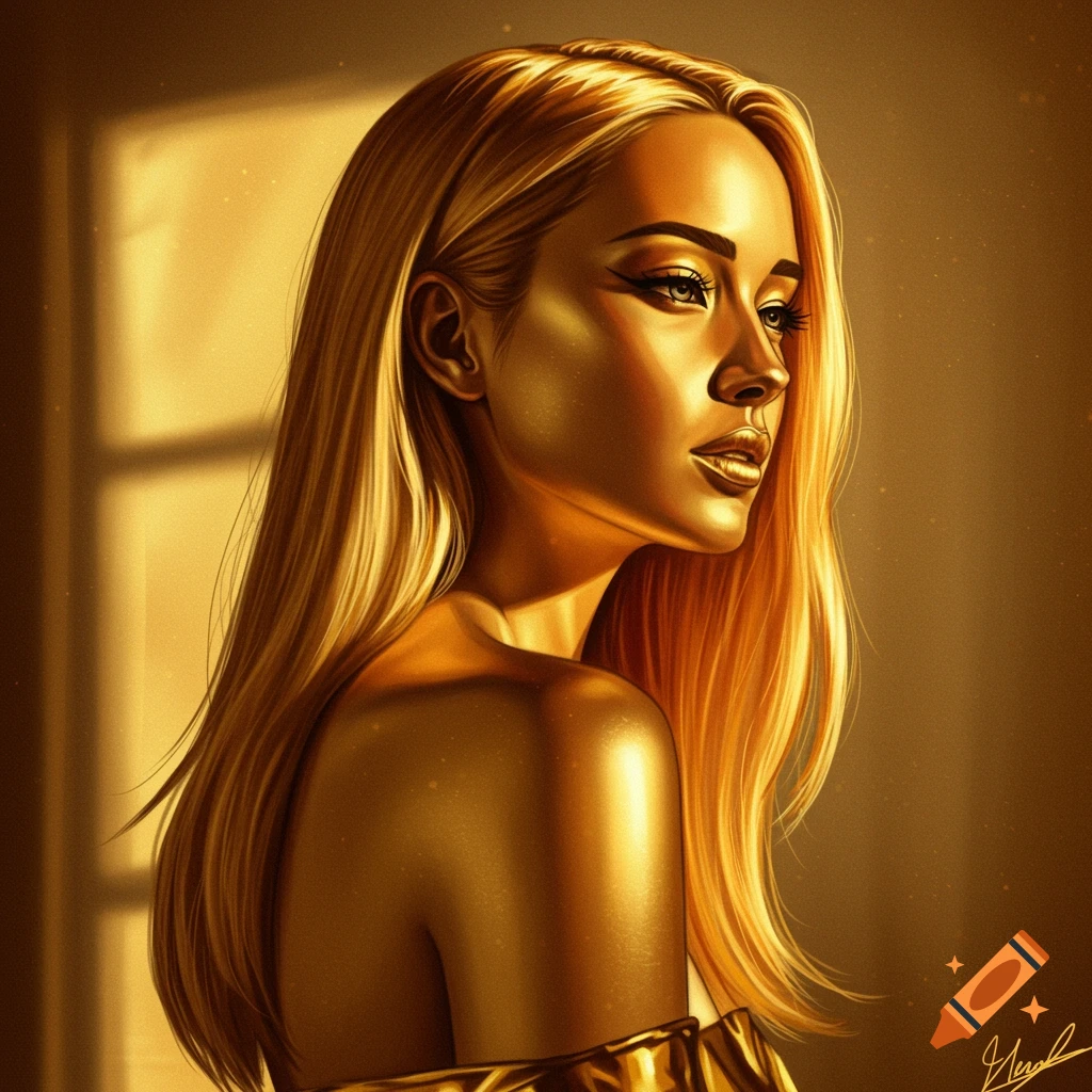 A woman with golden skin and long blonde hair looks to the right.