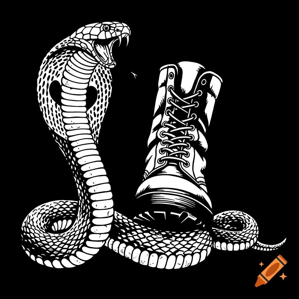 Black and white illustration of a boot stepping on a cobra.