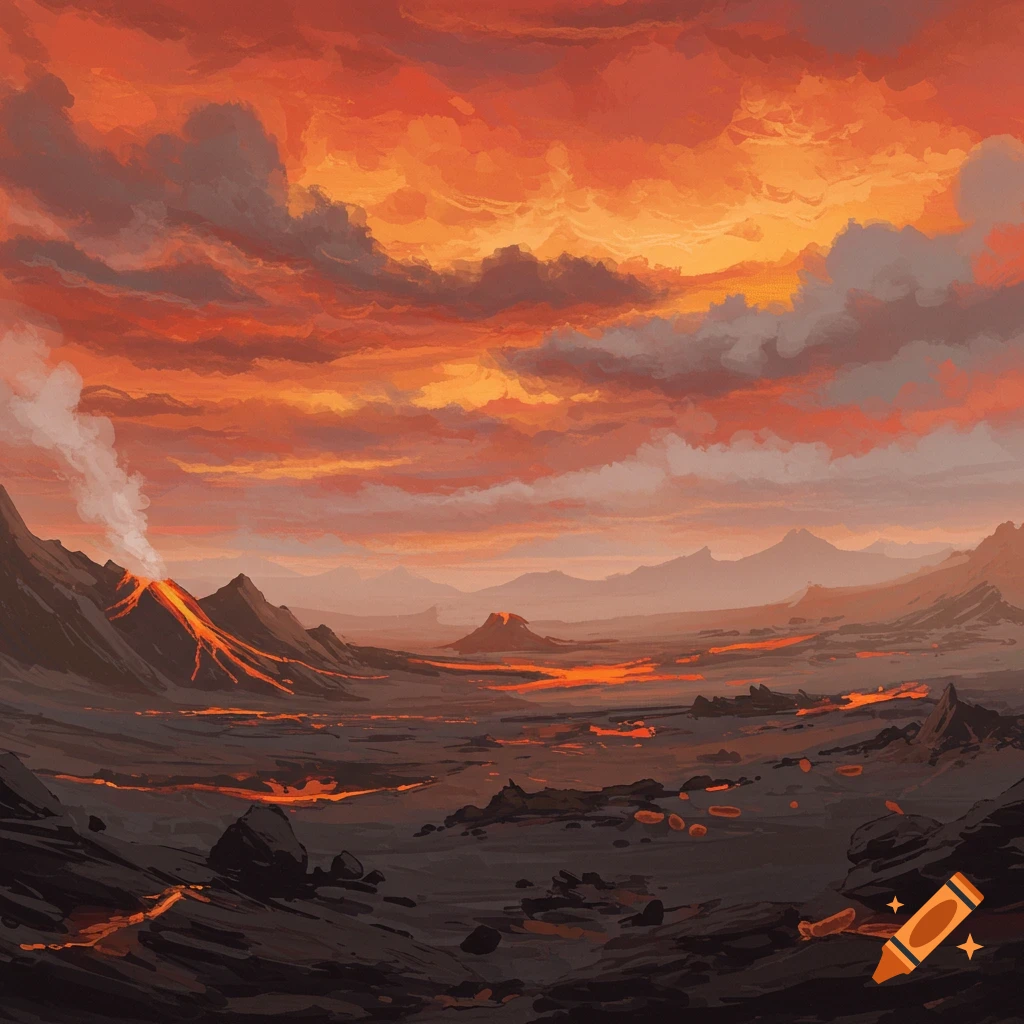 A volcanic landscape featuring flowing lava under a vibrant orange sky.