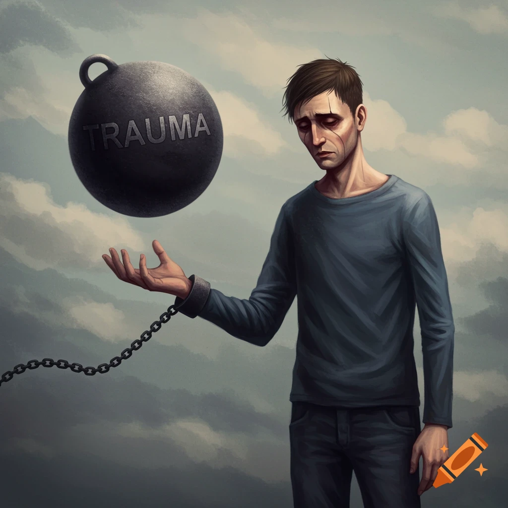 Surreal image of a man holding a chain to a floating ball labeled "TRAUMA" under a cloudy sky.
