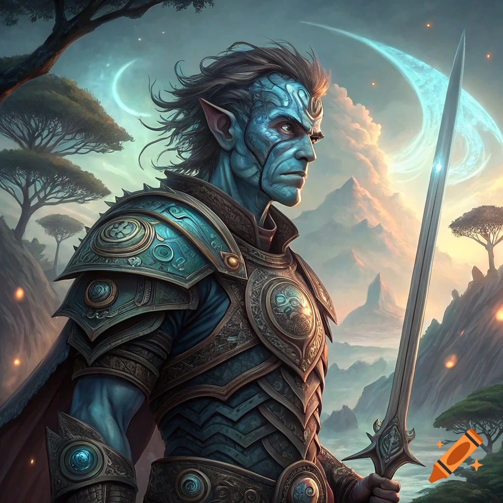 Blue-skinned fantasy warrior in ornate armor holding a sword in a dramatic landscape.