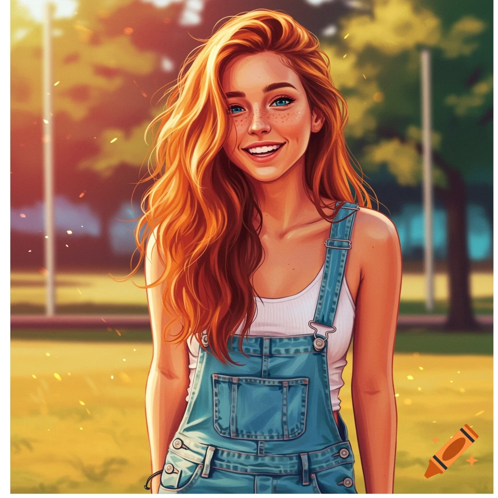 A young woman with long red hair and freckles smiling outdoors in denim overalls.