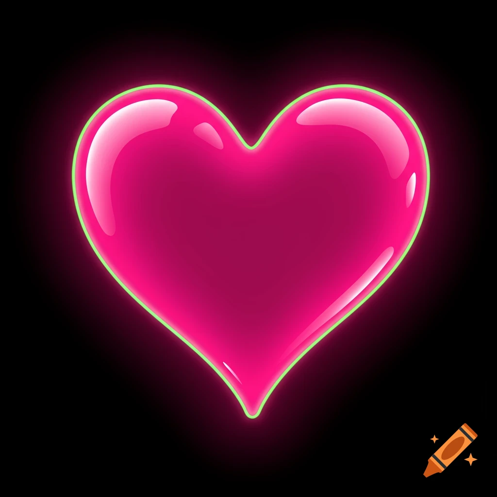 A glossy bright pink heart with a neon green outline on a black background, digital art style.